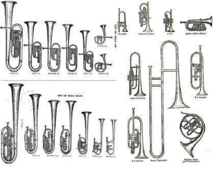 An assortment of brass band instruments From the Boston Musical Instrument Manufactury 1869 Catalogue