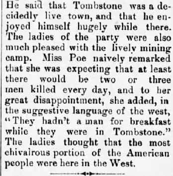 A Report in The Tombstone Weekly Epitaph details General Sherman's Visit to Tombstone Arizona