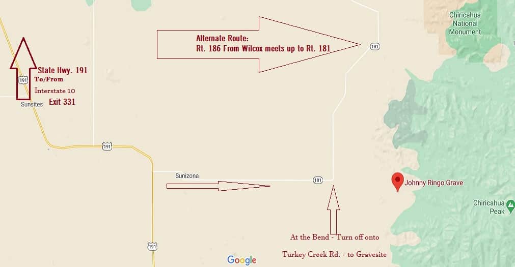 Map locating Johnny Ringo's gravesite, with helpful arrows showing routes from Interstate 10 and the route from Willcox