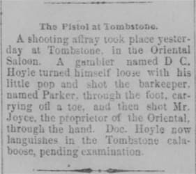 Arizona Weekly Citizen reports on Oct. 16, 1880 about a shooting by a gambler in the Oriental Saloon in Tombstone AZ.