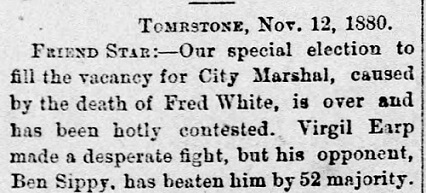 News says Virgil Earp Lost the Tombstone City Marshal Election